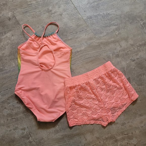Girls Metallic Ombre Swim Suit w/ Matching coverup shorts size L - Picture 3 of 7
